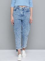 Blue High Low Pearl Detail Mom Jeans