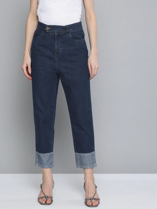 Navy Contrast Detail At Hem Slouchy Jeans