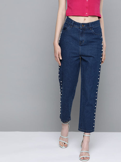 Navy Side Pearl Detail Slouchy Jeans