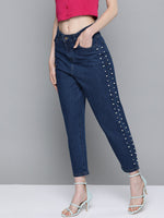 Navy Side Pearl Detail Slouchy Jeans