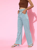 Teal Blue Double Waistband Wide Leg Jeans