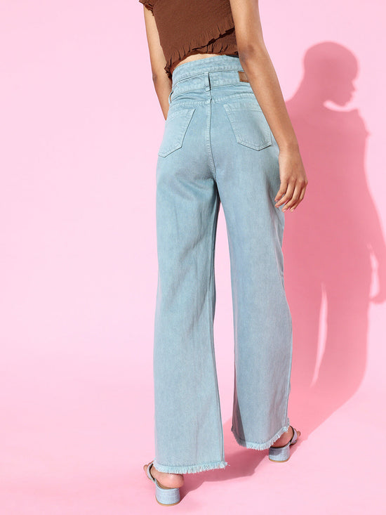 Teal Blue Double Waistband Wide Leg Jeans