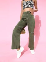 Olive Wide Leg Mid Rise Knee-Slit Jeans