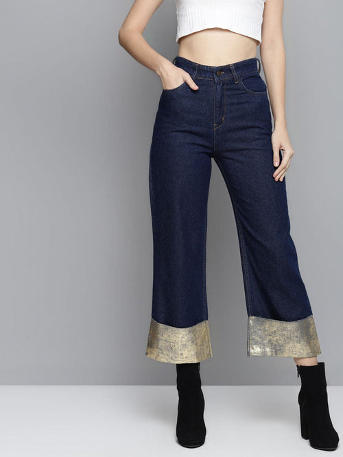 Blue Gold Foil Roll Up Detail Straight Jeans