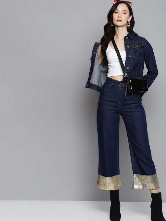 Blue Gold Foil Roll Up Detail Straight Jeans