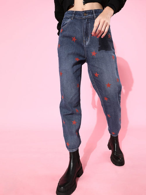 Blue With Red Stars Mom Fit Jeans