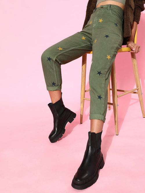 Olive With Multi Stars Mom Fit Jeans