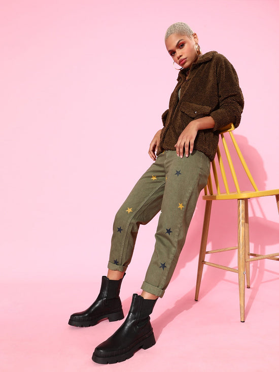 Olive With Multi Stars Mom Fit Jeans