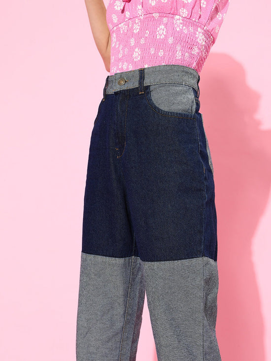 Navy High Waist Cut-Sew Carrot Jeans