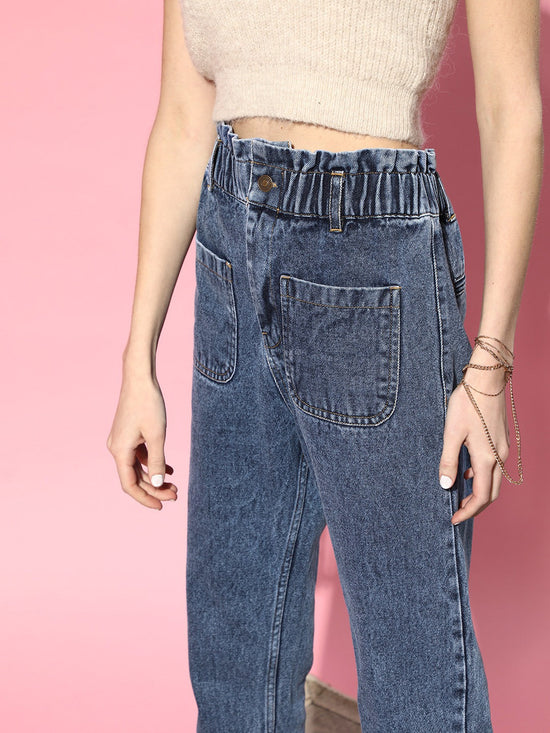 Women Blue PaperBag Waist Jeans