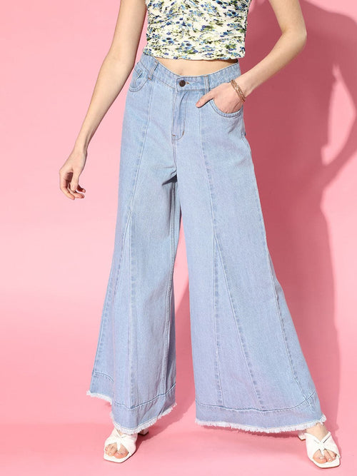 Women Ice Blue Front Pleat Flared Leg Jeans