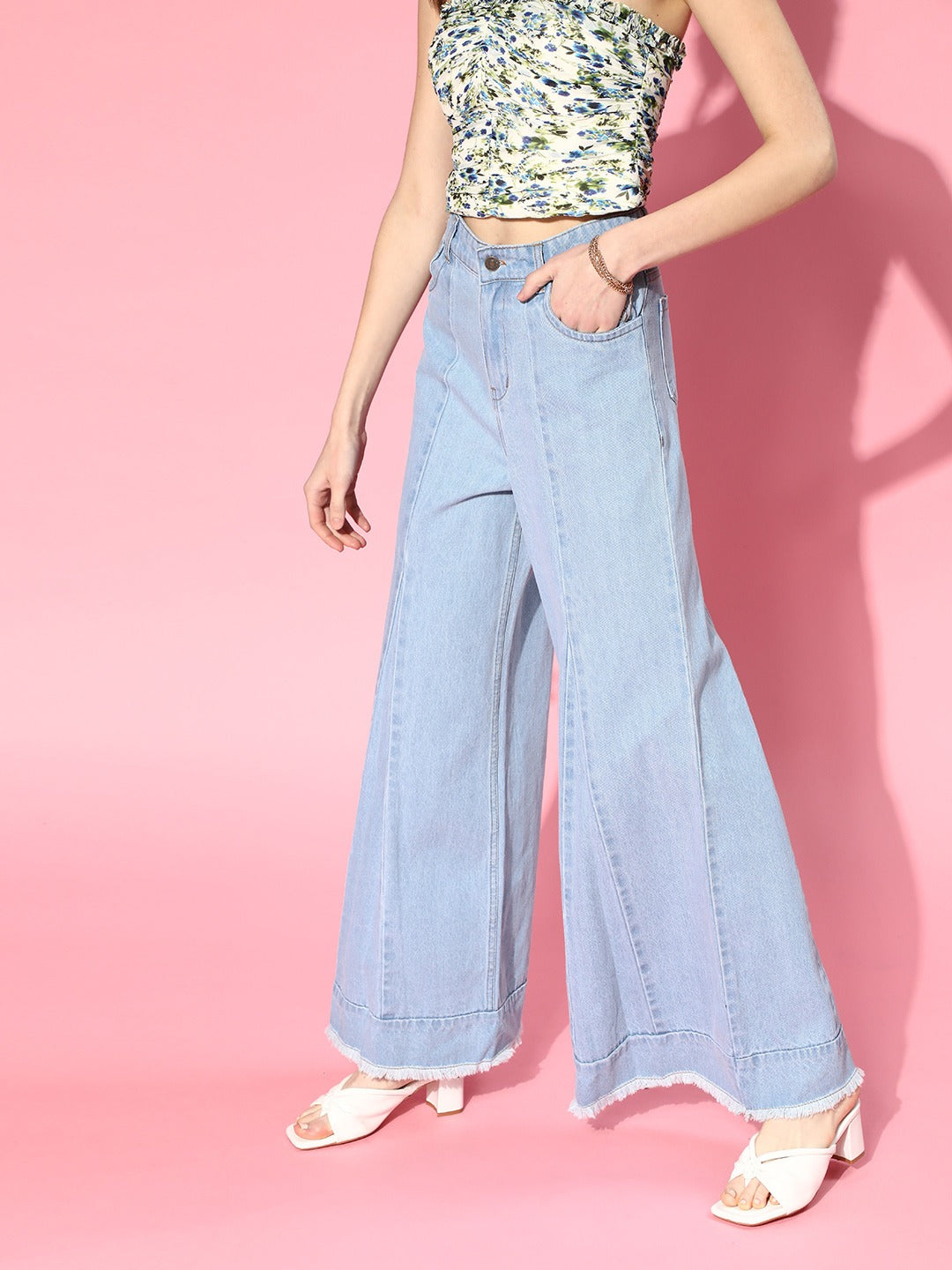 Women Ice Blue Seam Detail Wide Leg Jeans