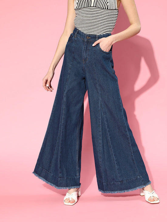 Women Blue Front Pleat Flared Leg Jeans