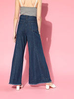 Women Blue Front Pleat Flared Leg Jeans