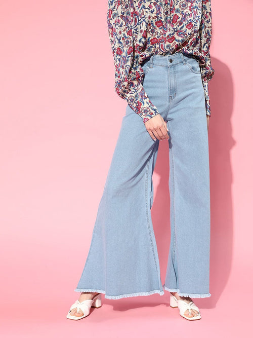 Women Ice Blue Wide Leg Flared Jeans