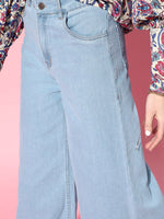 Women Ice Blue Wide Leg Flared Jeans