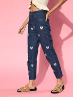 Women Navy Blue Heart Print Jeans