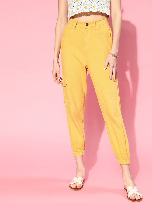 Women Mustard Side Pocket Street Jogger Jeans