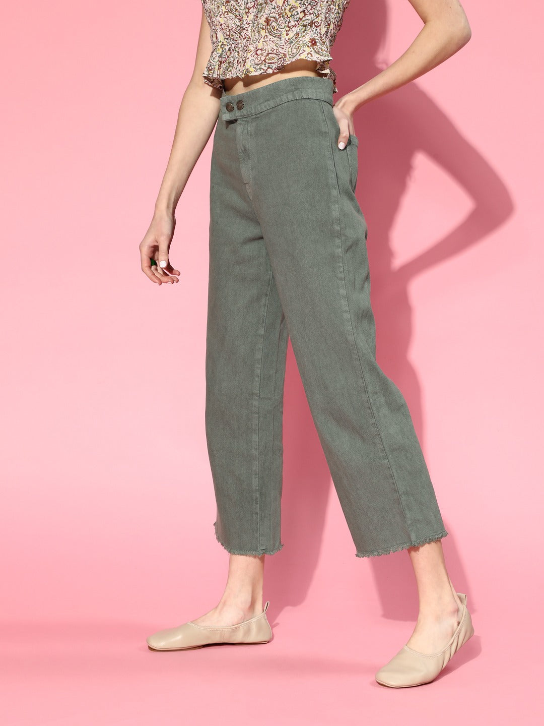 Women Olive Cargo Straight Jeans