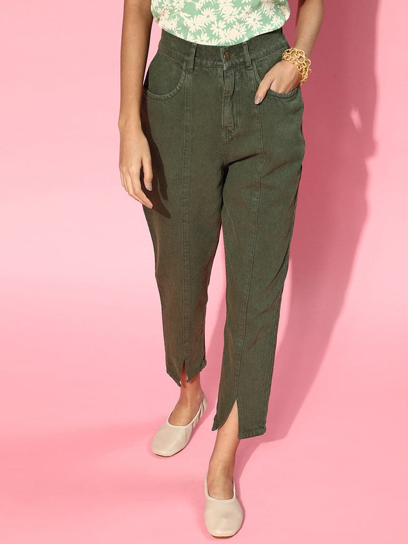 Women Olive Green Front Slit Jeans