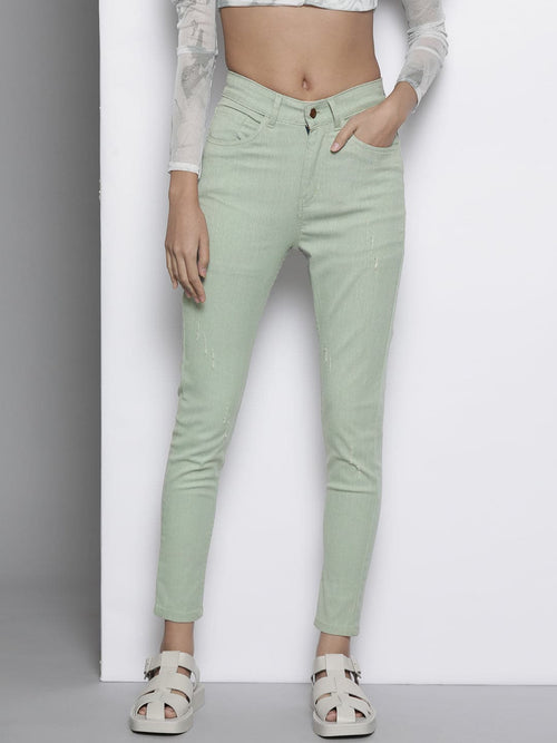 Women Safari Green Stretchable Twill Skinny Jeans