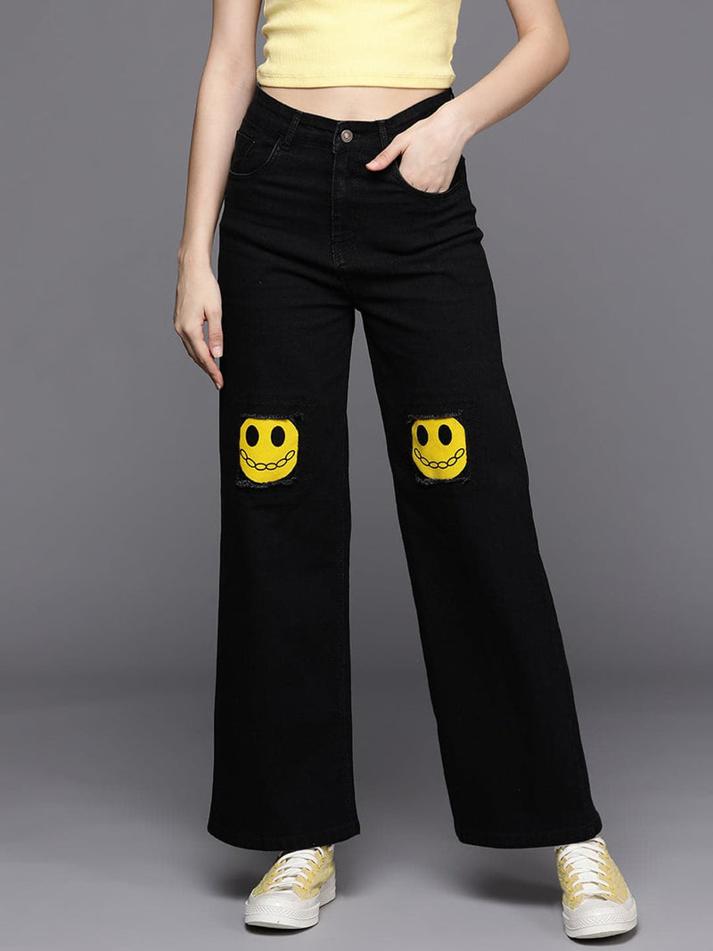 Wholesale Women Black Line-Art Print Straight Jeans – Tradyl