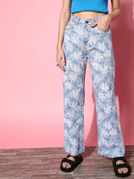 Women Blue Tropical Print Straight Jeans