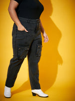 Women Black Acid Wash Front Patch Pocket Jeans