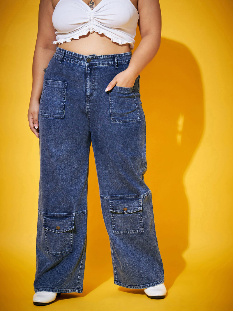 Women Blue Acid Wash Multi Pocket Straight Jeans