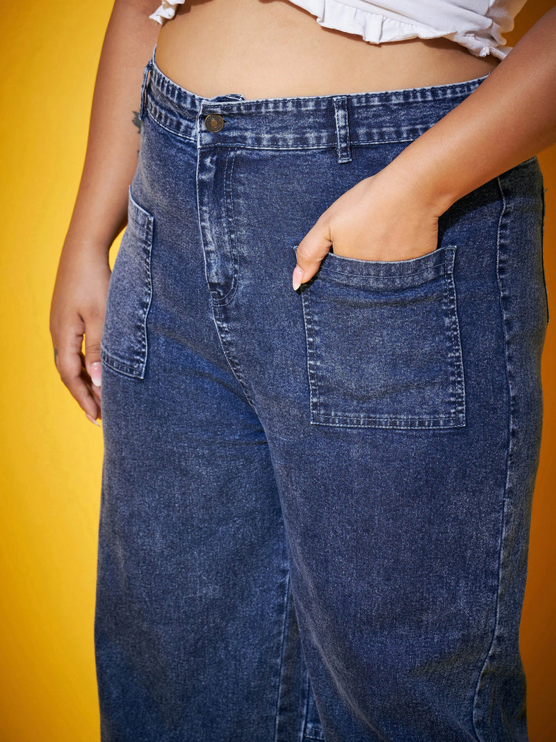 Women Blue Acid Wash Multi Pocket Straight Jeans