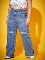 Women Blue Wash Distressed Slit Straight Jeans