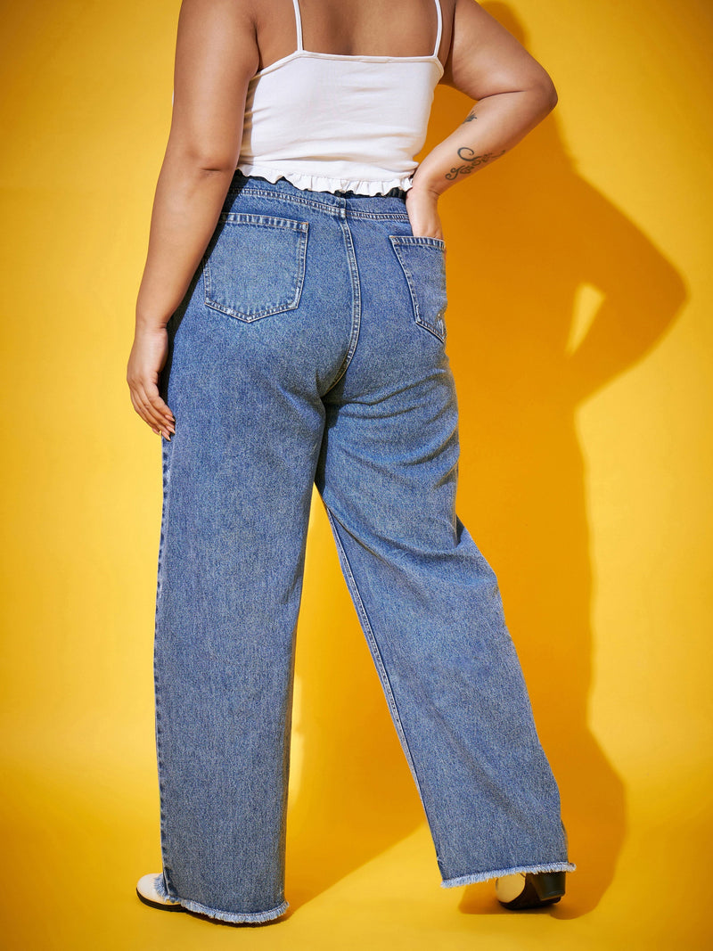 Women Blue Wash Distressed Slit Straight Jeans