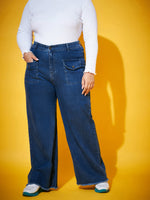 Women Blue Wash Front Flap Pocket Straight Jeans