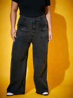 Women Black Wash Front Flap Pocket Straight Jeans