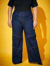Women Navy Wash Contrast Stitch Straight Jeans