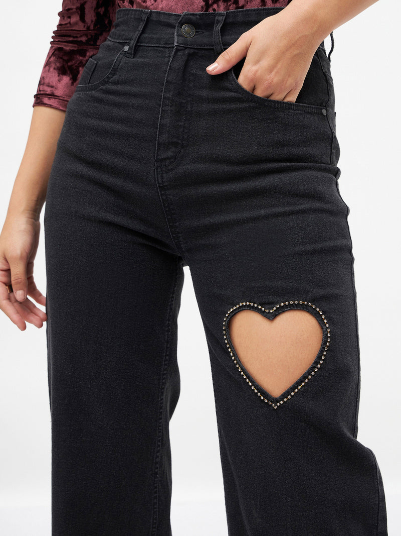 Women Black Crystal Heart Staright Fit Jeans