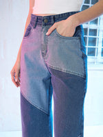 Women Blue Colour Block Straight Fit Jeans
