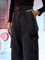Women Black Side Pocket Cargo Jeans