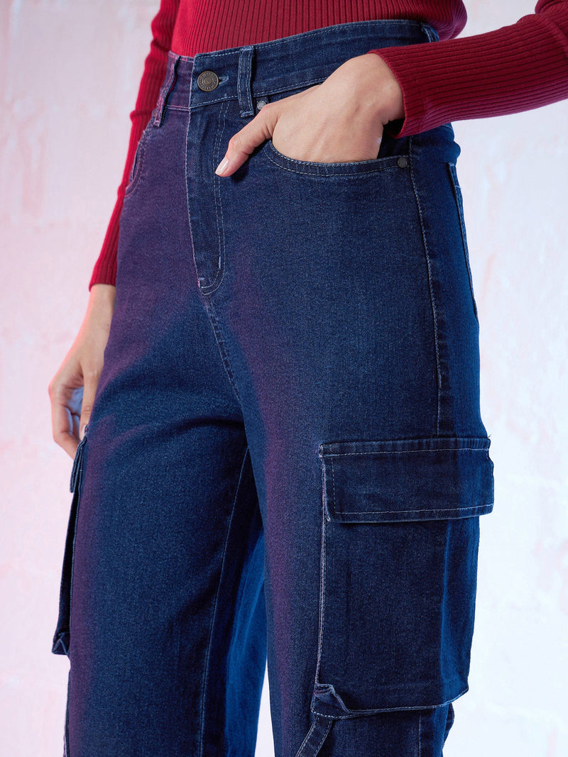 Women Blue Staright Fit Cargo Jeans