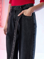 Women Black Denim Belted Straight Fit Jeans