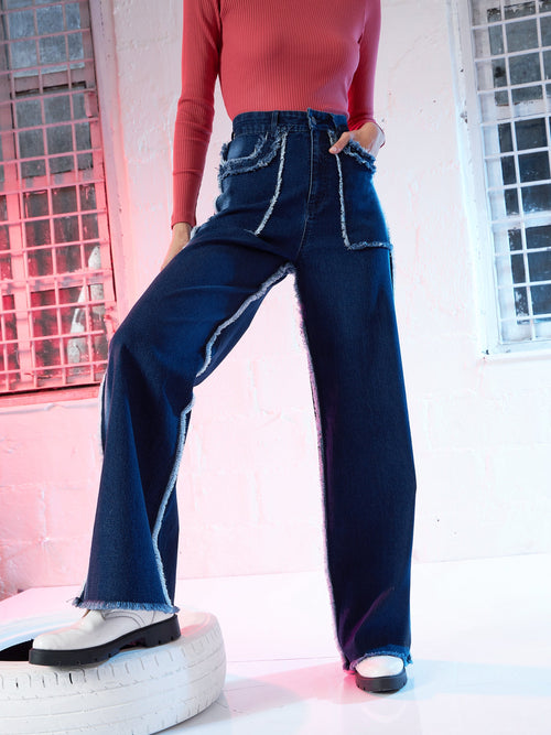 Women Blue Fringe Detail Straight Fit Jeans