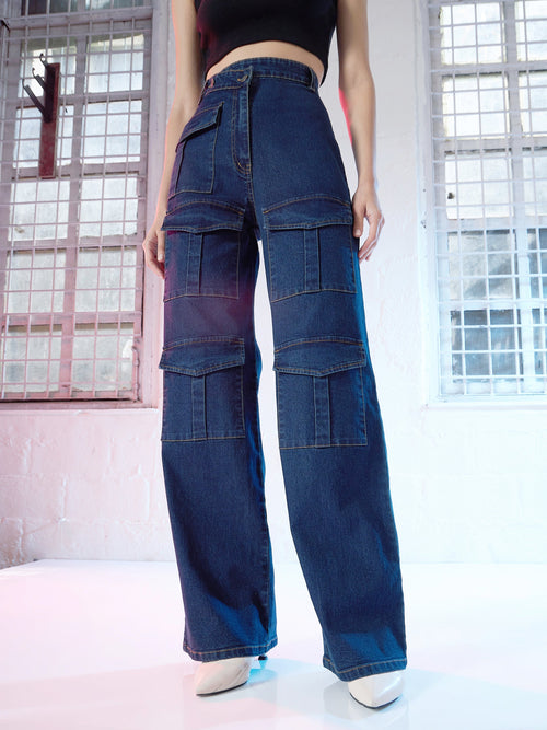 Women Blue Cargo Straight Jeans