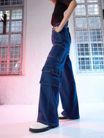 Women Blue Boxy Pockets Cargo Jeans
