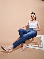 Women Blue High Waisted Slim Fit Frayed Jeans
