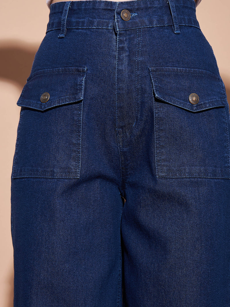 Women Navy High Waist Flap Pocket Straight Jeans