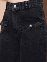 Women Black High Waist Flap Pocket Straight Jeans