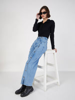 Women Blue Front Button Straight Jeans