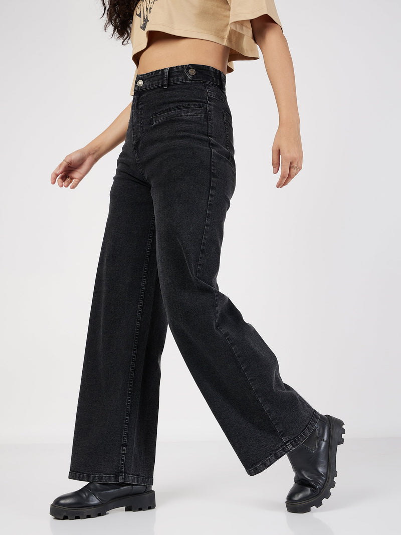 Women Black Bone Pocket Straight Jeans