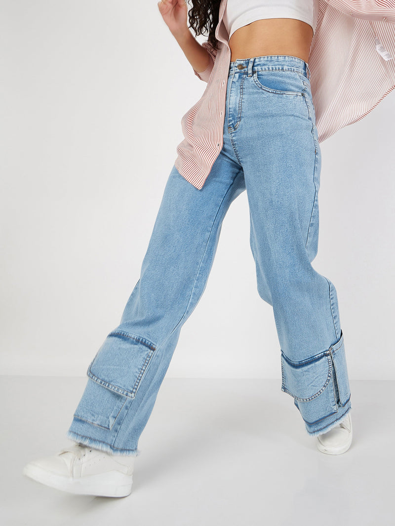 Women Ice Bue Hem Pockets Straight Jeans