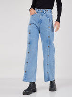 Women Blue Front Button Straight Jeans